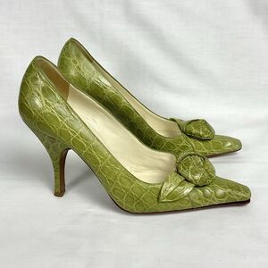 Prada Vintage Knot Croc Print Heels Leather Green Pumps Sz 35.5 (Prada) US 5.5